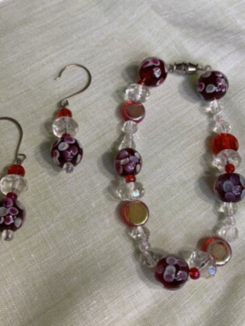 Dark Red Art Glass Beads Bracelet & Matching Dangle Earrings Set NEW